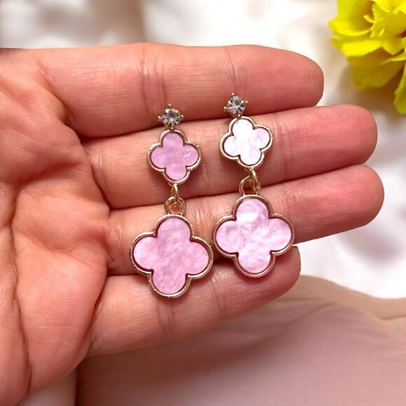 Designer Inspired Double Lavender Clover Gold Tone Dangle Earrings - Picture 4 of 5